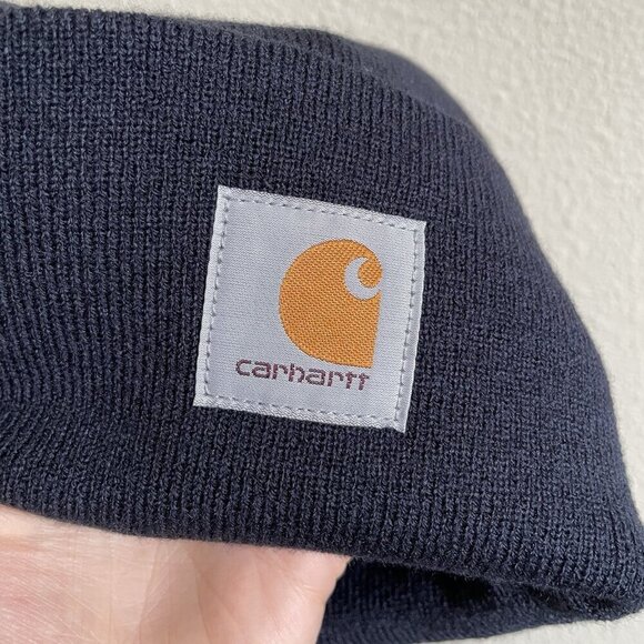 Carhartt Unisex One Size Navy Fold Over Knit Beanie Hat Cap Utility Logo Patch - Picture 3 of 14